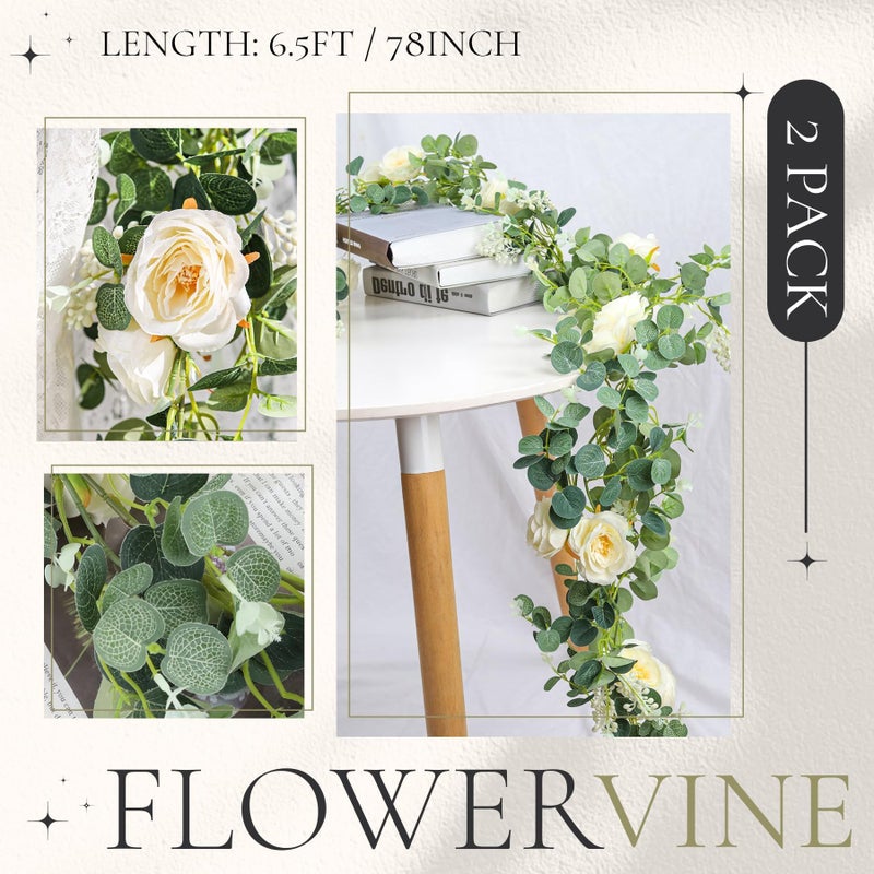 Der Rose 2Pcs 13FT Artificial Eucalyptus Flower Spring Garland with Fake Rose Flower Vine Seeded Eucalyptus Leaves Greenery Garland for Wedding Table Backdrop Party Centerpiece Room Decor (Champagne) - Image 2
